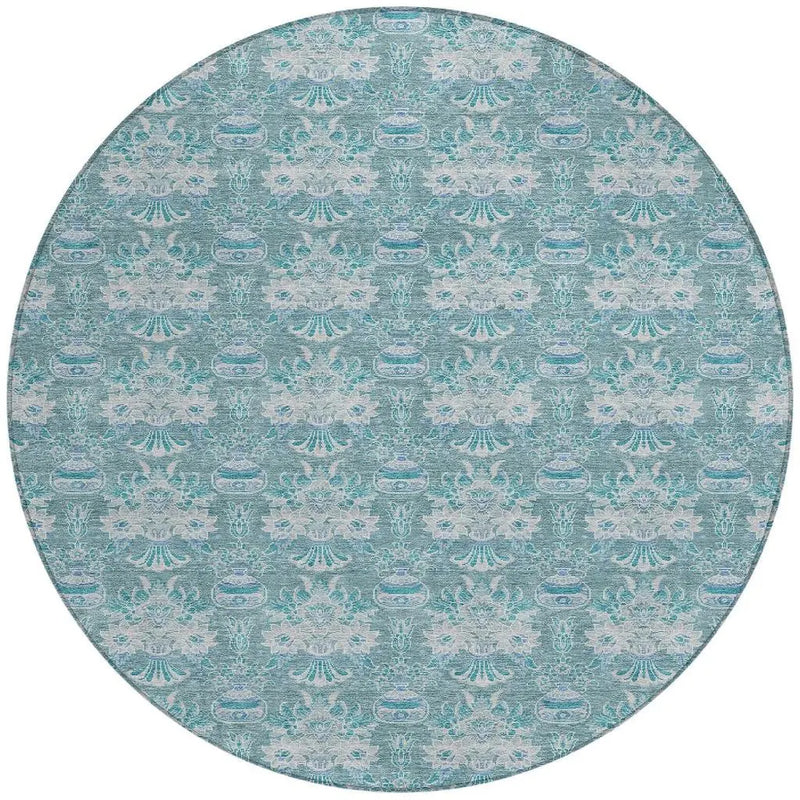 8' Teal Blue And Green Round Floral Washable Indoor Outdoor Area Rug Homeroots Outdoor