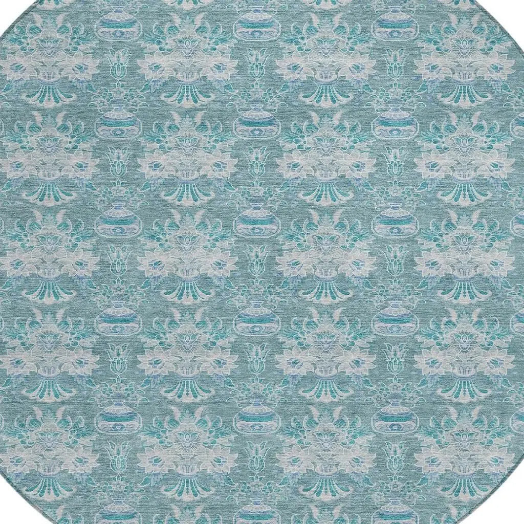 8' Teal Blue And Green Round Floral Washable Indoor Outdoor Area Rug Homeroots Outdoor