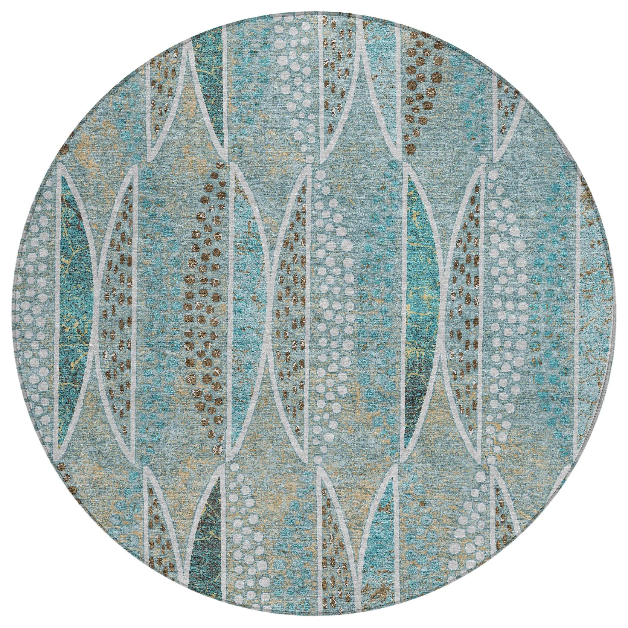8' Teal Blue And Green Round Geometric Washable Indoor Outdoor Area Rug Homeroots Outdoor