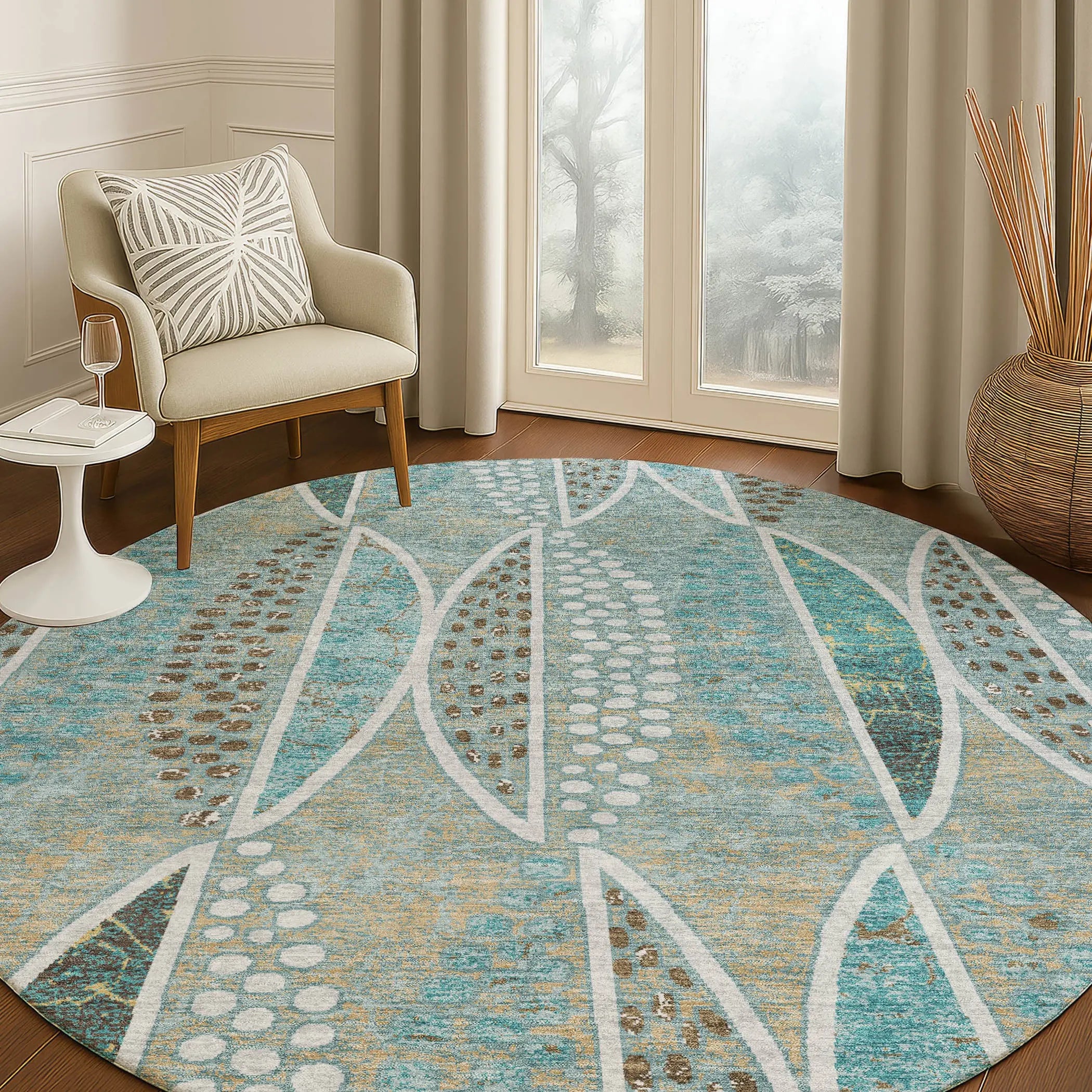 8' Teal Blue And Green Round Geometric Washable Indoor Outdoor Area Rug Homeroots Outdoor