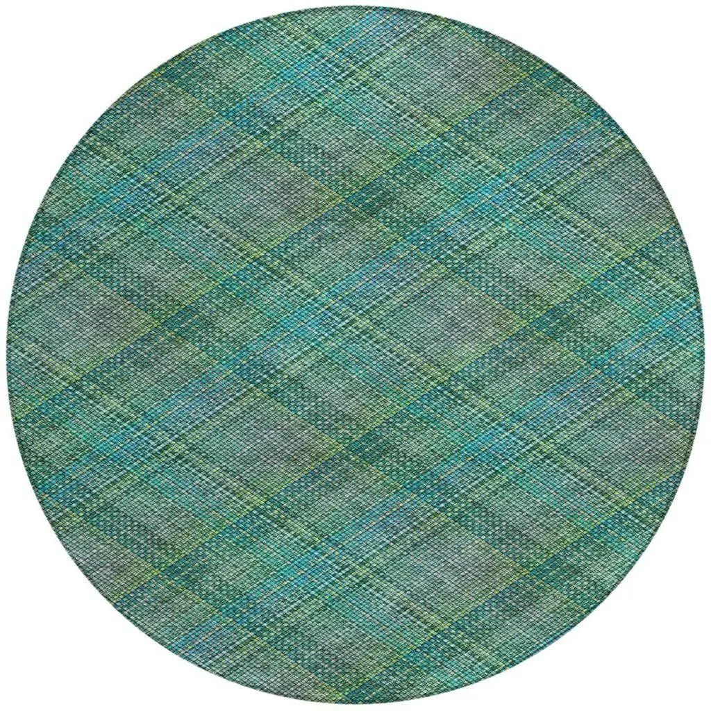8' Teal Blue And Green Round Plaid Washable Indoor Outdoor Area Rug Homeroots Outdoor