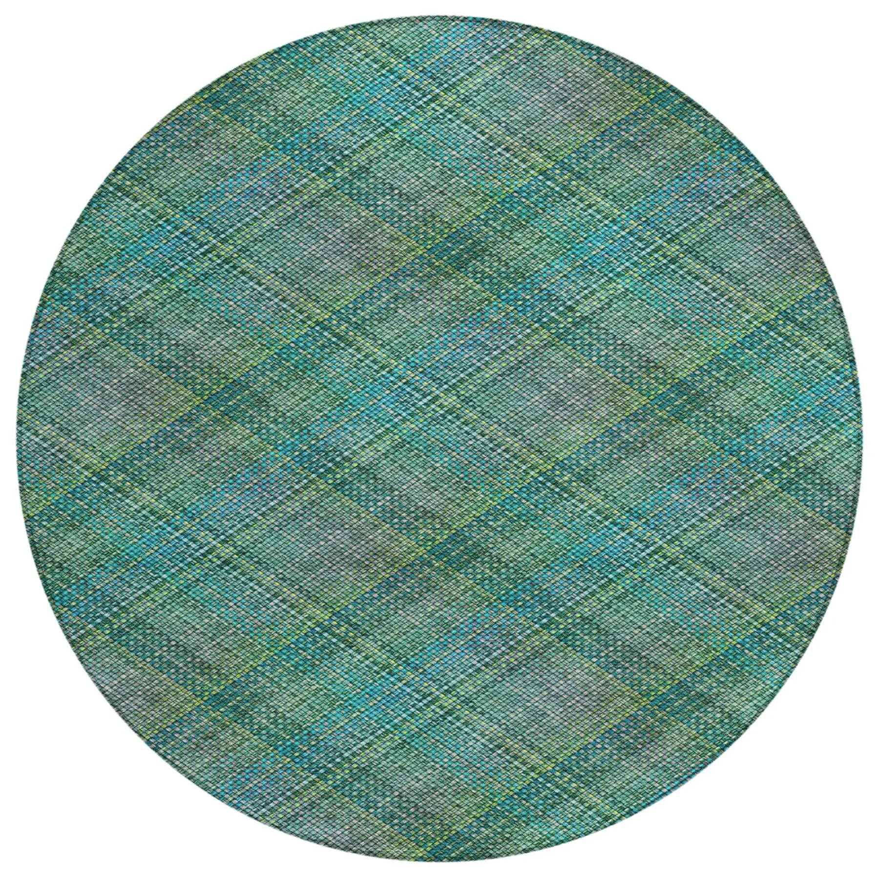 8' Teal Blue And Green Round Plaid Washable Indoor Outdoor Area Rug Homeroots Outdoor