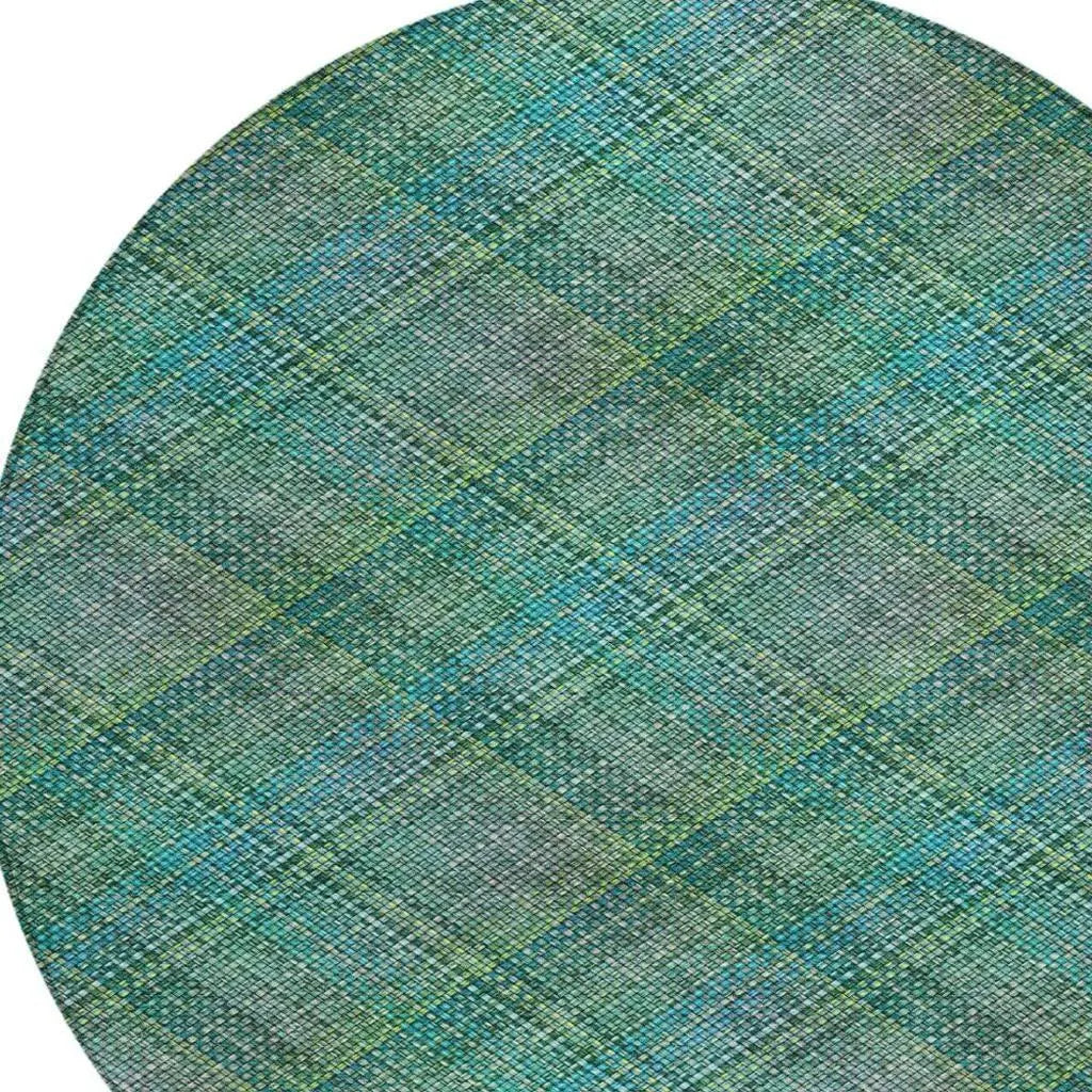 8' Teal Blue And Green Round Plaid Washable Indoor Outdoor Area Rug Homeroots Outdoor