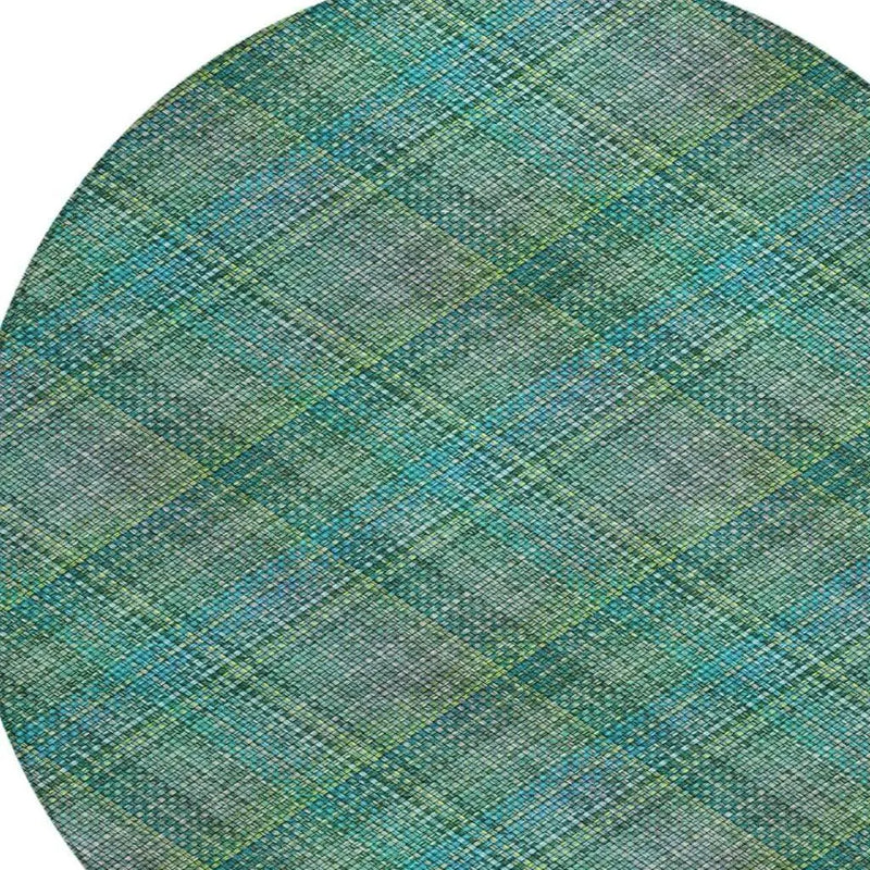 8' Teal Blue And Green Round Plaid Washable Indoor Outdoor Area Rug Homeroots Outdoor