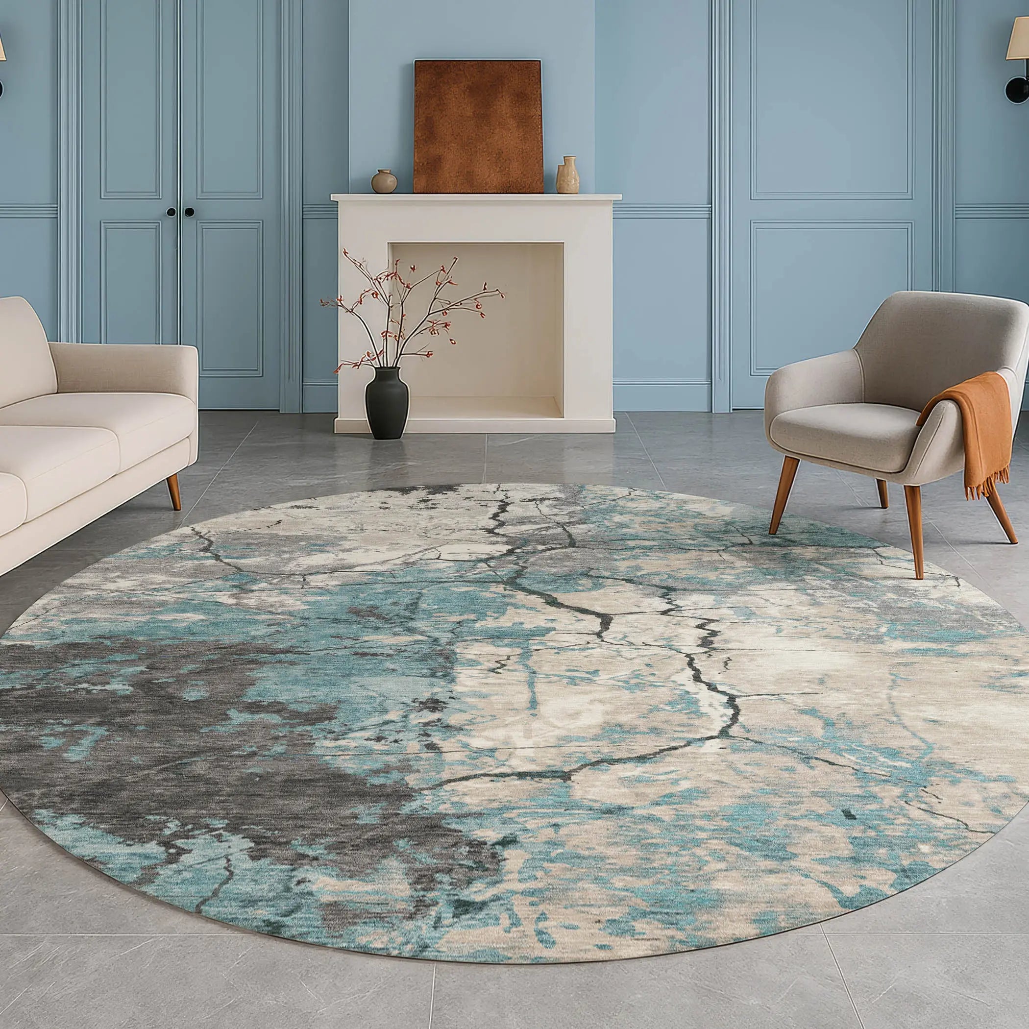 8' Teal Blue And Ivory Round Abstract Washable Indoor Outdoor Area Rug Homeroots Outdoor