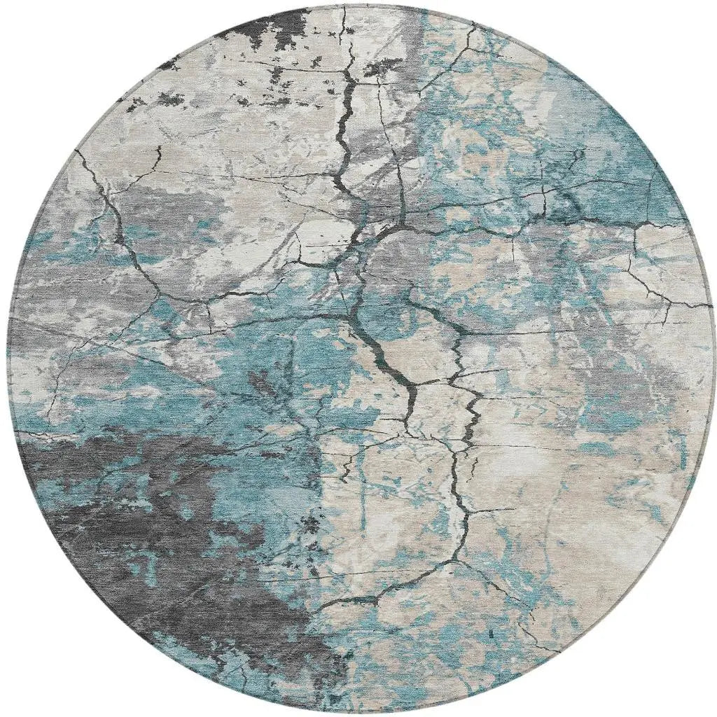 8' Teal Blue And Ivory Round Abstract Washable Indoor Outdoor Area Rug Homeroots Outdoor