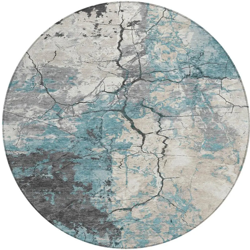 8' Teal Blue And Ivory Round Abstract Washable Indoor Outdoor Area Rug Homeroots Outdoor