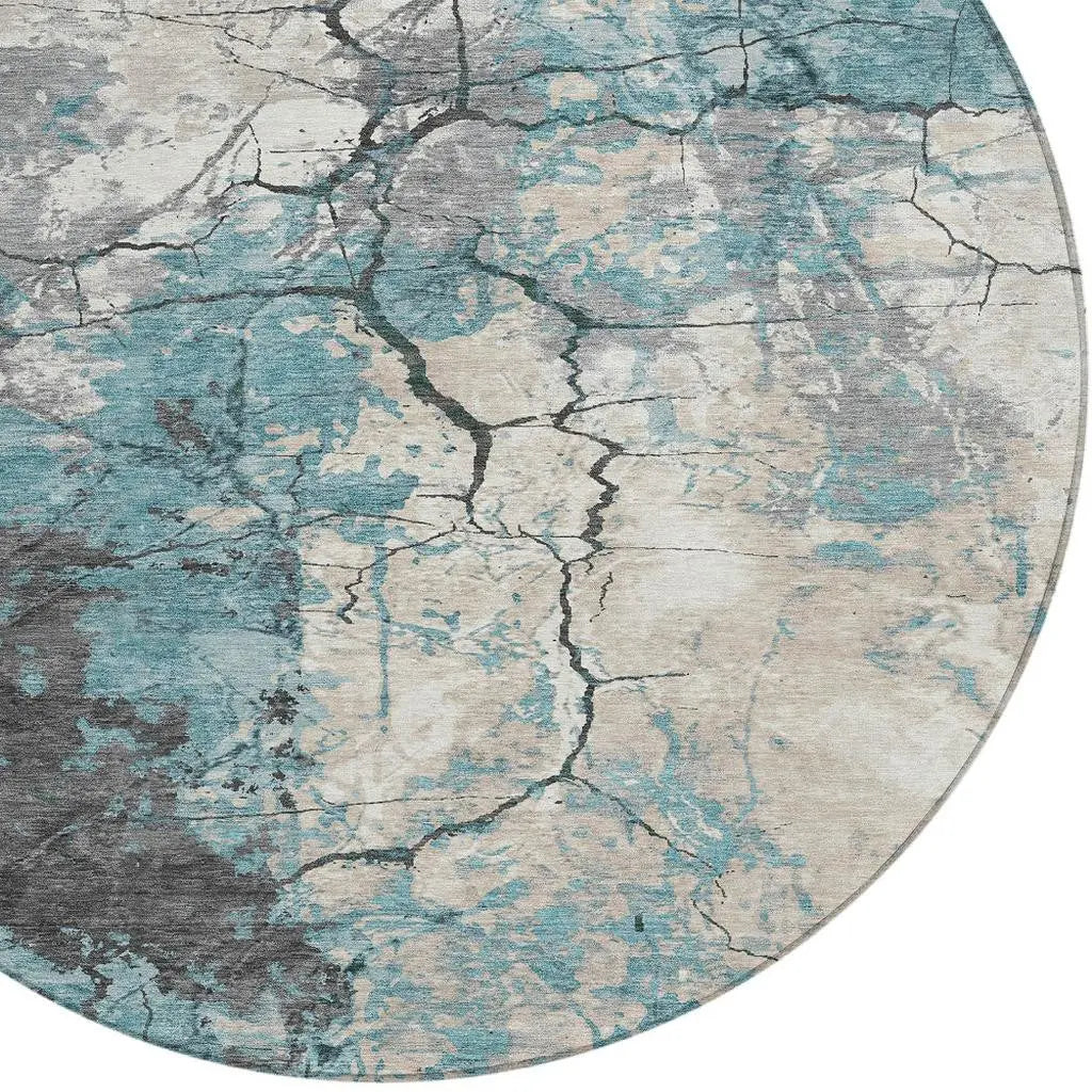 8' Teal Blue And Ivory Round Abstract Washable Indoor Outdoor Area Rug Homeroots Outdoor