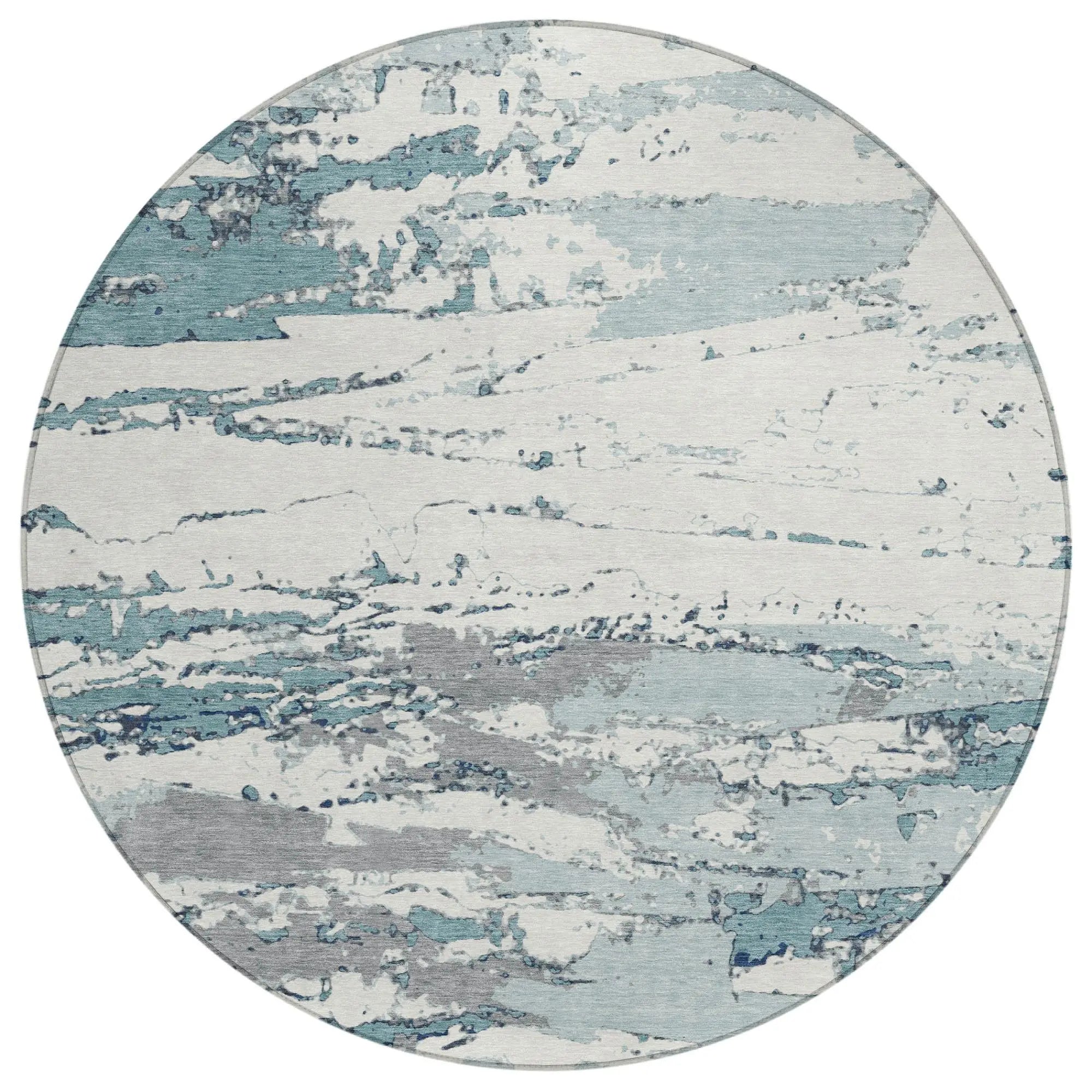 8' Teal Blue And Ivory Round Abstract Washable Indoor Outdoor Area Rug Homeroots Outdoor