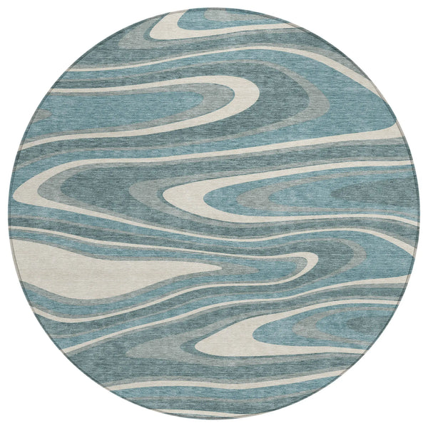 8' Teal Blue And Ivory Round Abstract Washable Indoor Outdoor Area Rug Homeroots Outdoor