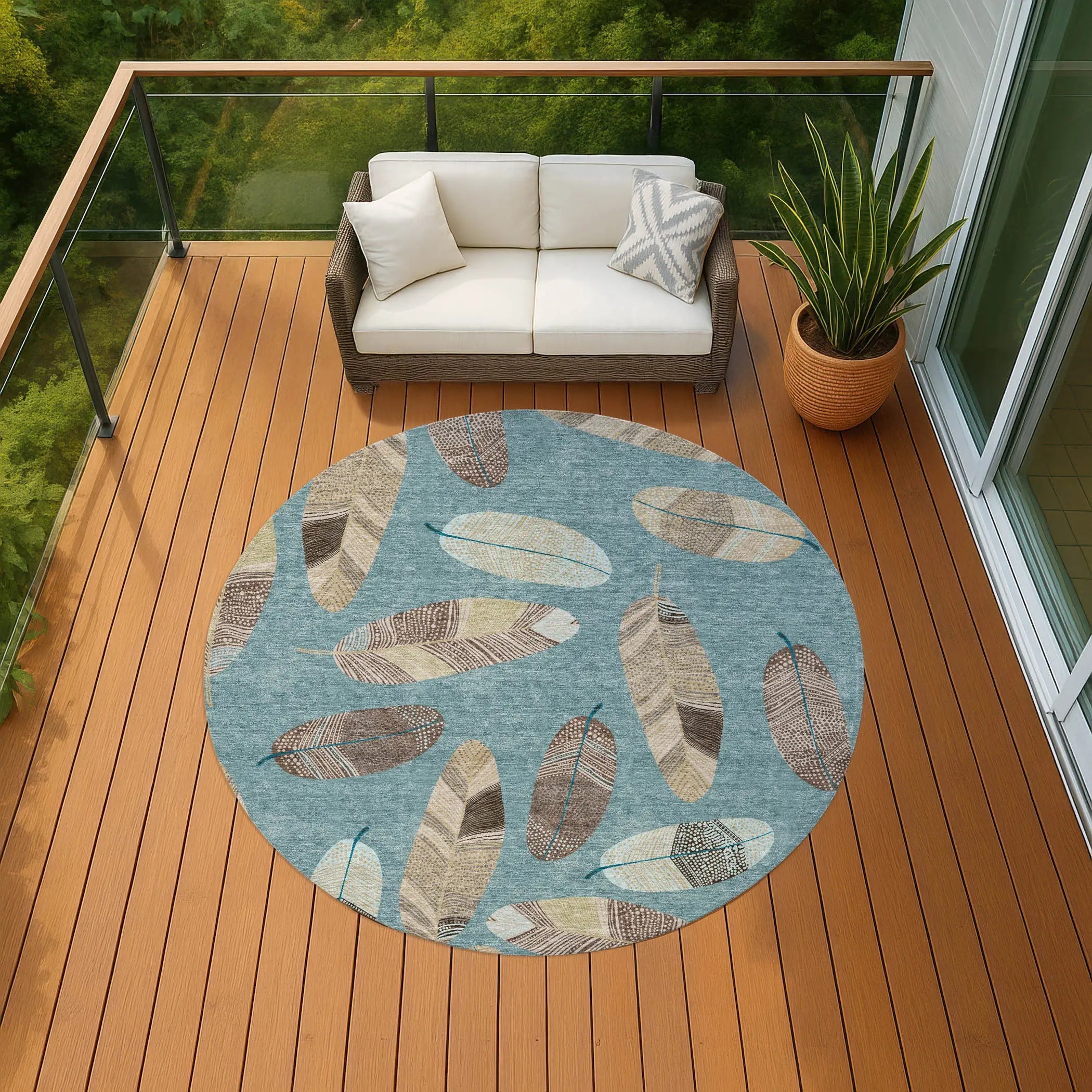8' Teal Blue And Ivory Round Botanical Leaves Washable Indoor Outdoor Area Rug Homeroots Outdoor