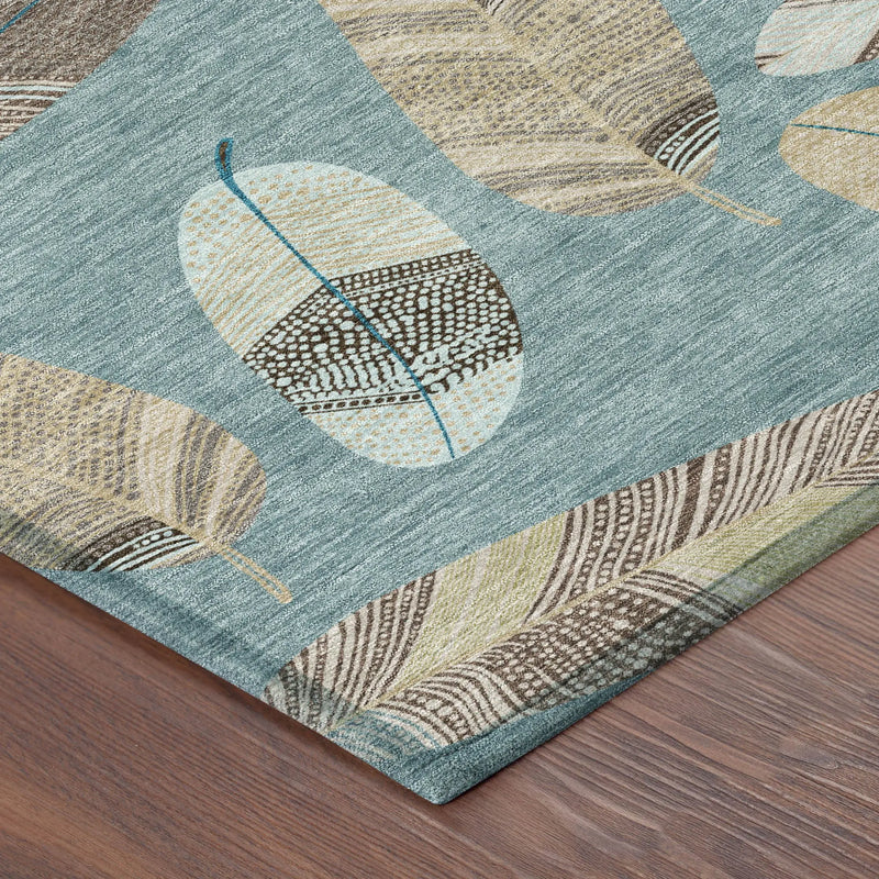 8' Teal Blue And Ivory Round Botanical Leaves Washable Indoor Outdoor Area Rug Homeroots Outdoor