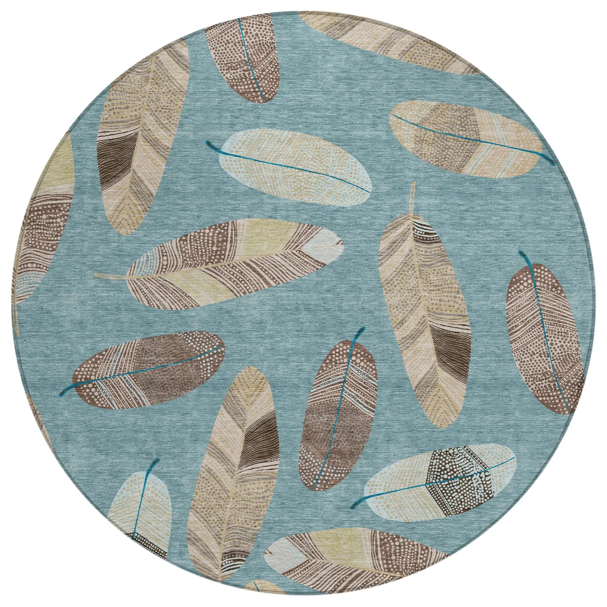8' Teal Blue And Ivory Round Botanical Leaves Washable Indoor Outdoor Area Rug Homeroots Outdoor