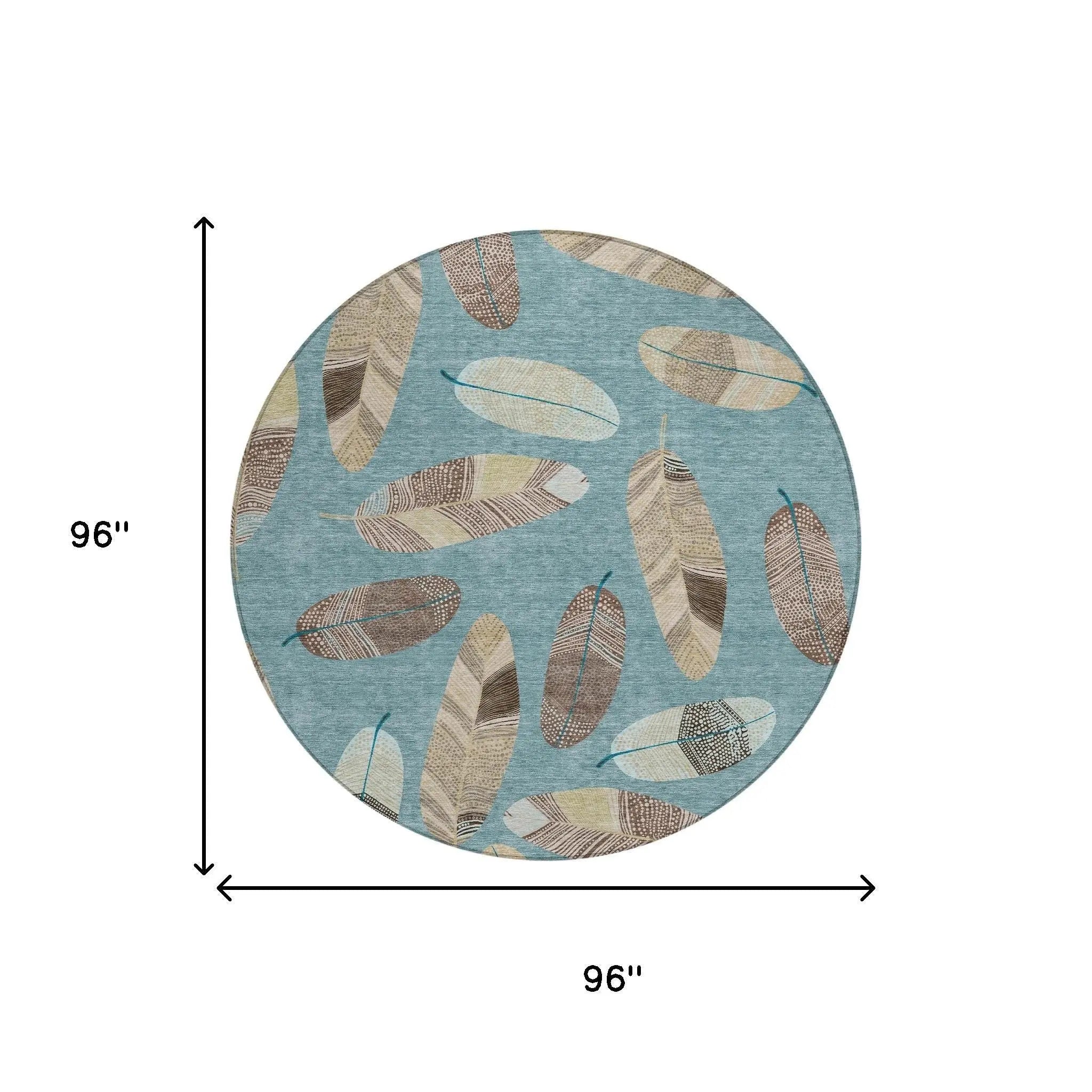 8' Teal Blue And Ivory Round Botanical Leaves Washable Indoor Outdoor Area Rug Homeroots Outdoor