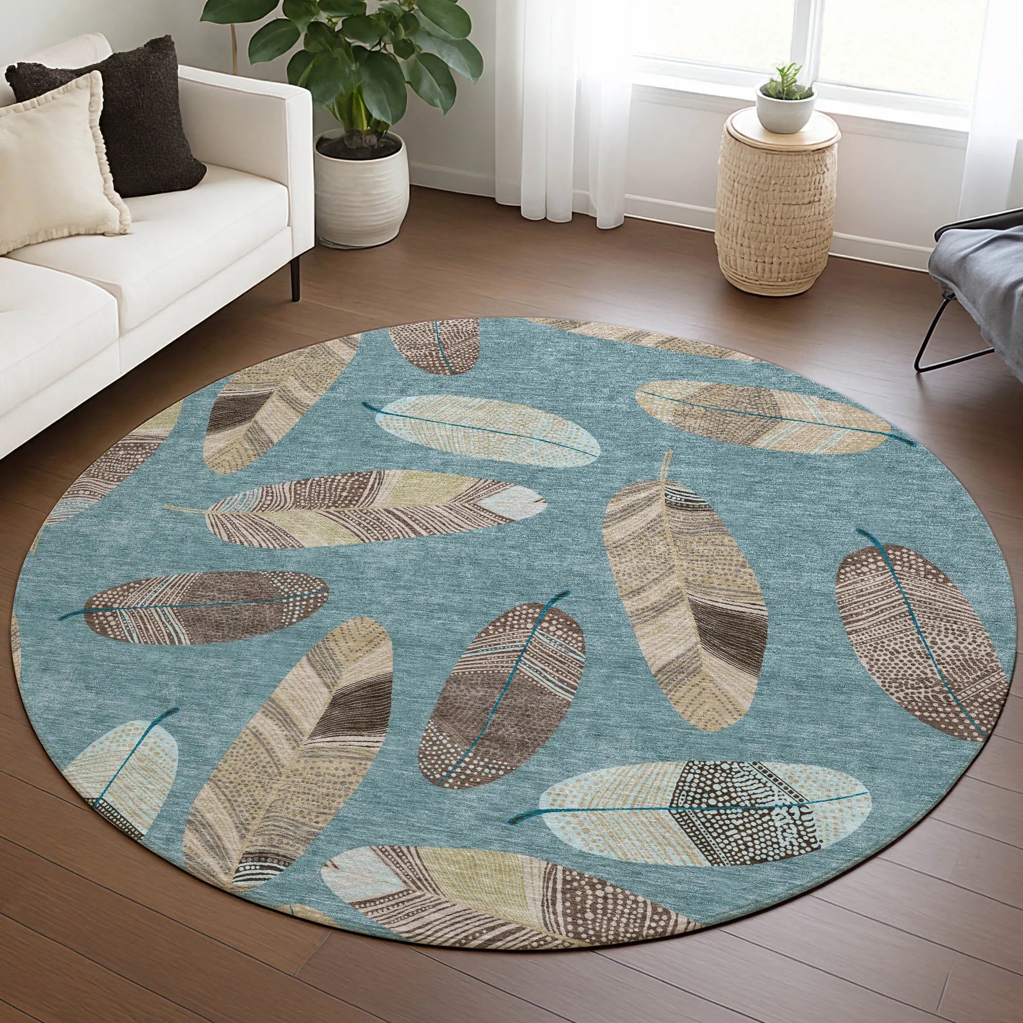 8' Teal Blue And Ivory Round Botanical Leaves Washable Indoor Outdoor Area Rug Homeroots Outdoor