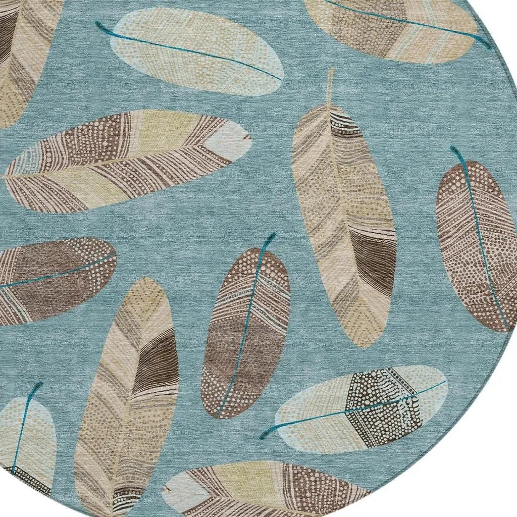 8' Teal Blue And Ivory Round Botanical Leaves Washable Indoor Outdoor Area Rug Homeroots Outdoor