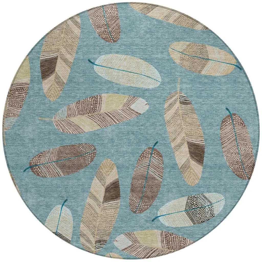 8' Teal Blue And Ivory Round Botanical Leaves Washable Indoor Outdoor Area Rug Homeroots Outdoor
