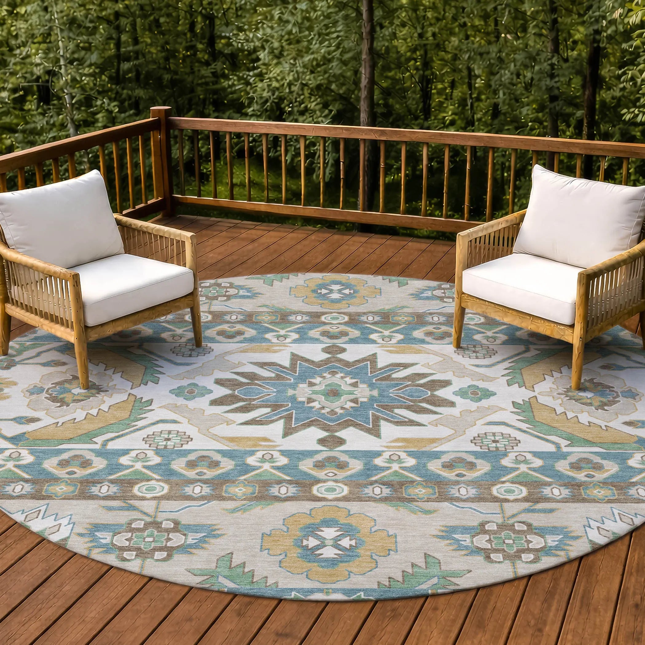 8' Teal Blue And Ivory Round Cactus Washable Indoor Outdoor Area Rug Homeroots Outdoor
