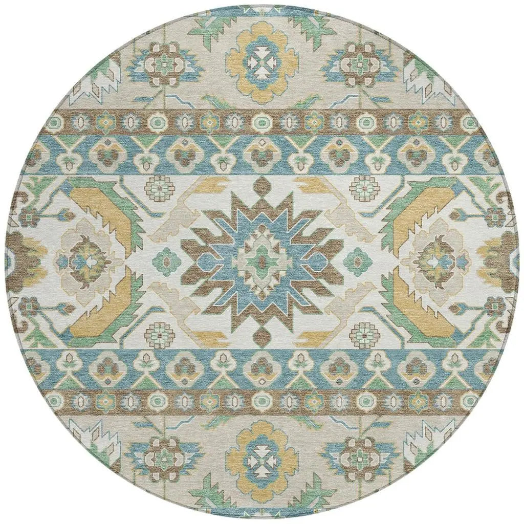 8' Teal Blue And Ivory Round Cactus Washable Indoor Outdoor Area Rug Homeroots Outdoor