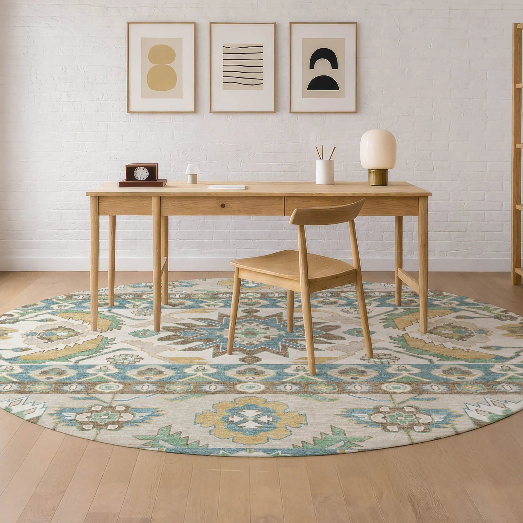 8' Teal Blue And Ivory Round Cactus Washable Indoor Outdoor Area Rug Homeroots Outdoor