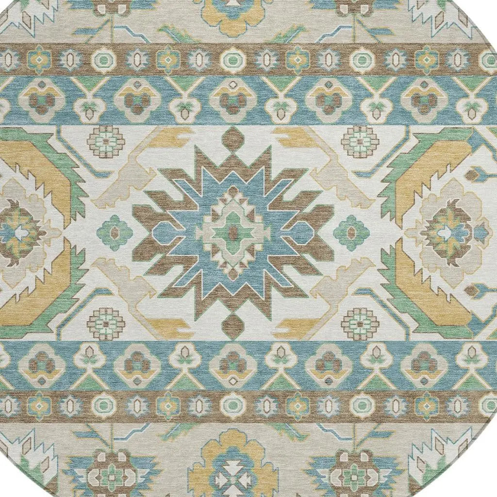8' Teal Blue And Ivory Round Cactus Washable Indoor Outdoor Area Rug Homeroots Outdoor