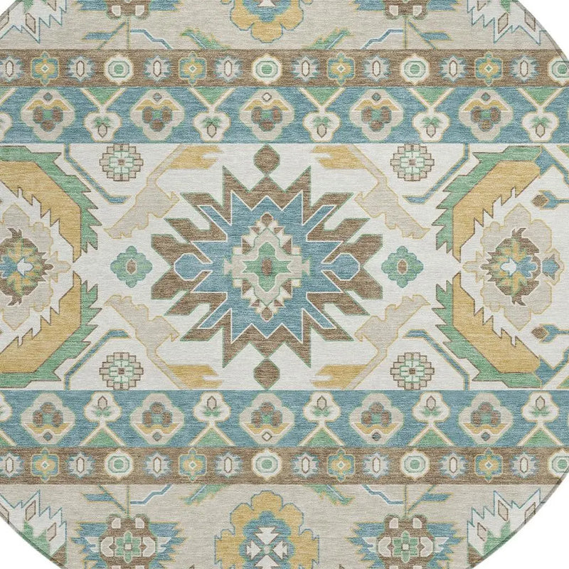8' Teal Blue And Ivory Round Cactus Washable Indoor Outdoor Area Rug Homeroots Outdoor