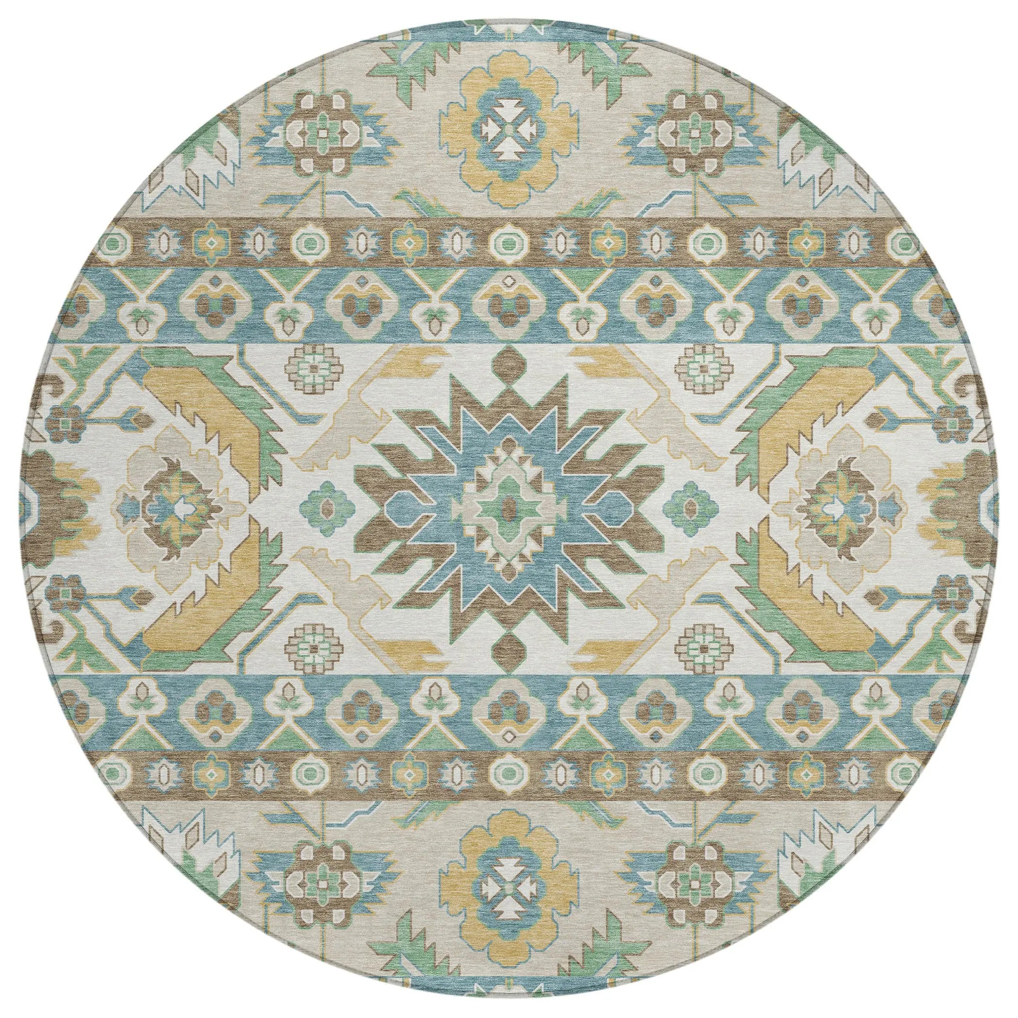 8' Teal Blue And Ivory Round Cactus Washable Indoor Outdoor Area Rug Homeroots Outdoor