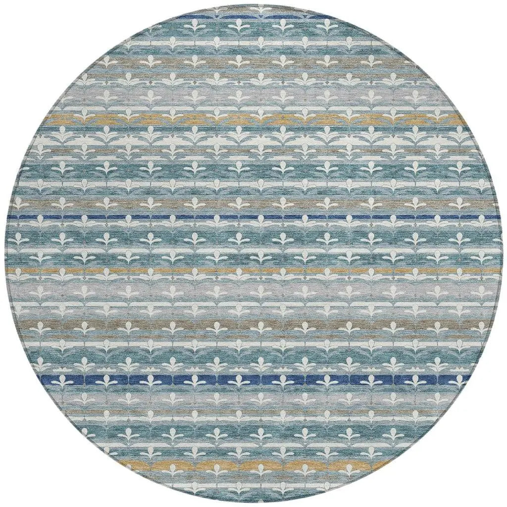 8' Teal Blue And Ivory Round Damask Washable Indoor Outdoor Area Rug Homeroots Outdoor