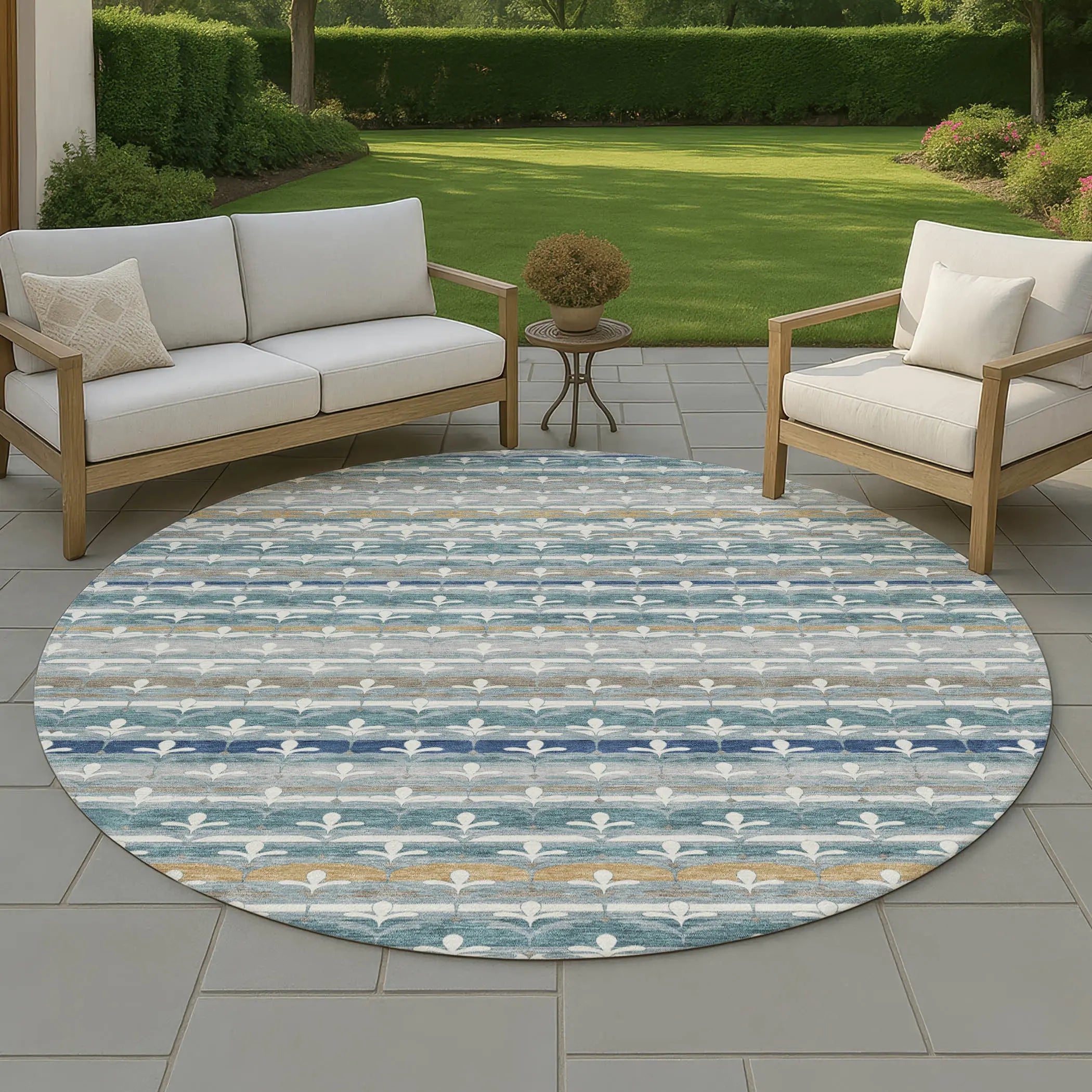 8' Teal Blue And Ivory Round Damask Washable Indoor Outdoor Area Rug Homeroots Outdoor