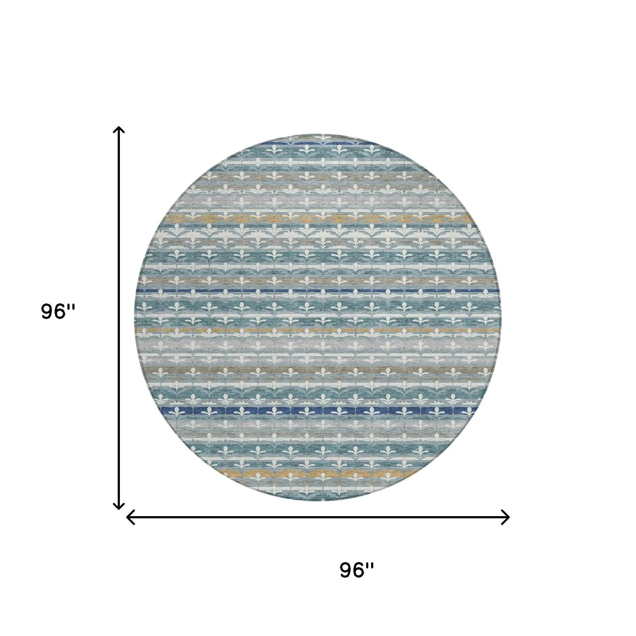 8' Teal Blue And Ivory Round Damask Washable Indoor Outdoor Area Rug Homeroots Outdoor