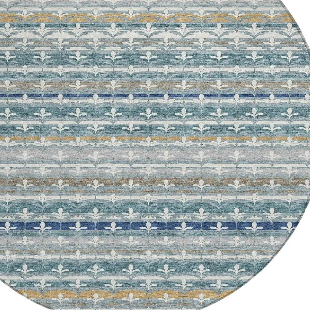 8' Teal Blue And Ivory Round Damask Washable Indoor Outdoor Area Rug Homeroots Outdoor