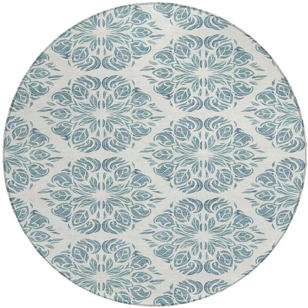 8' Teal Blue And Ivory Round Damask Washable Indoor Outdoor Area Rug Homeroots Outdoor
