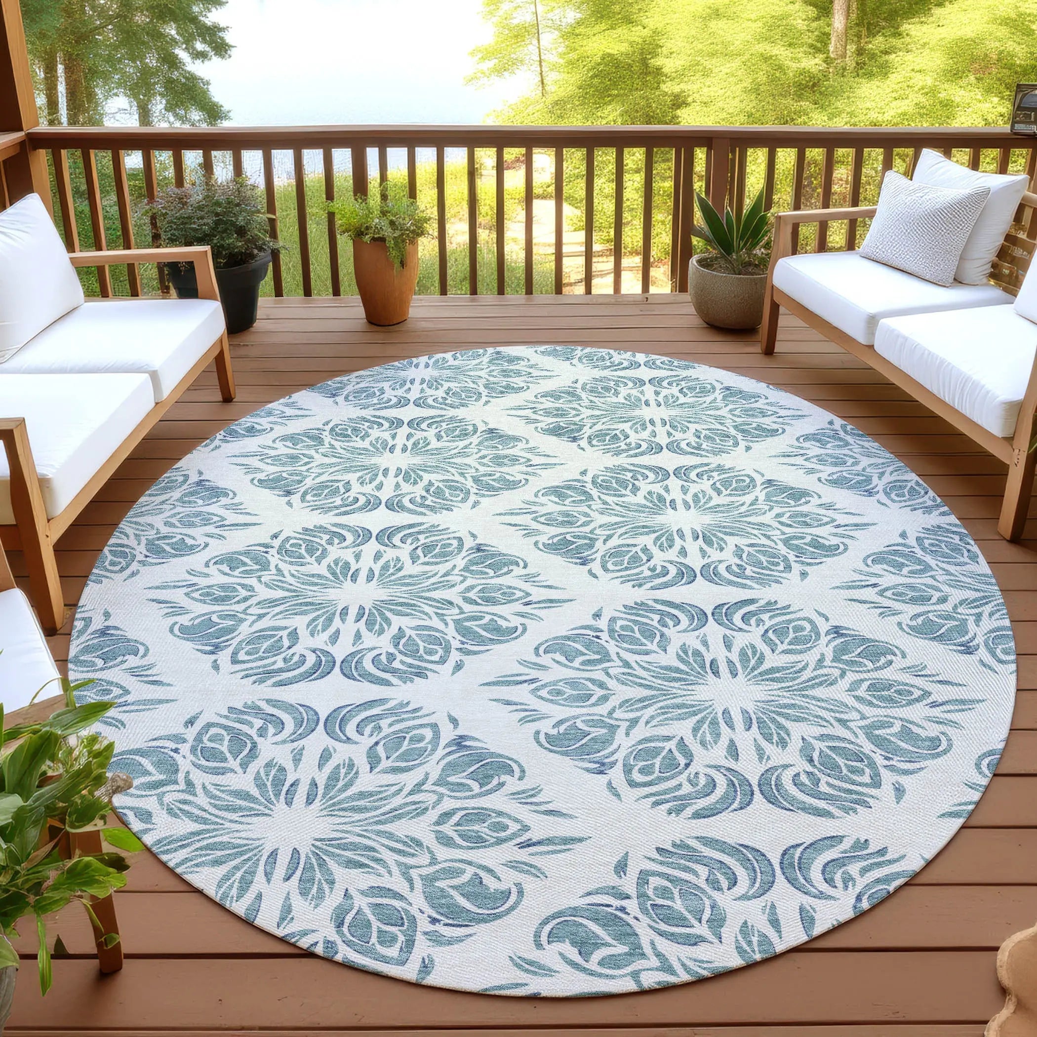 8' Teal Blue And Ivory Round Damask Washable Indoor Outdoor Area Rug Homeroots Outdoor