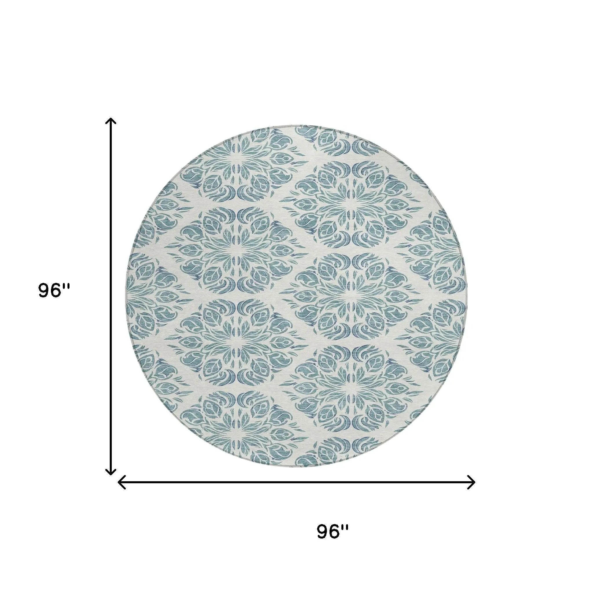 8' Teal Blue And Ivory Round Damask Washable Indoor Outdoor Area Rug Homeroots Outdoor