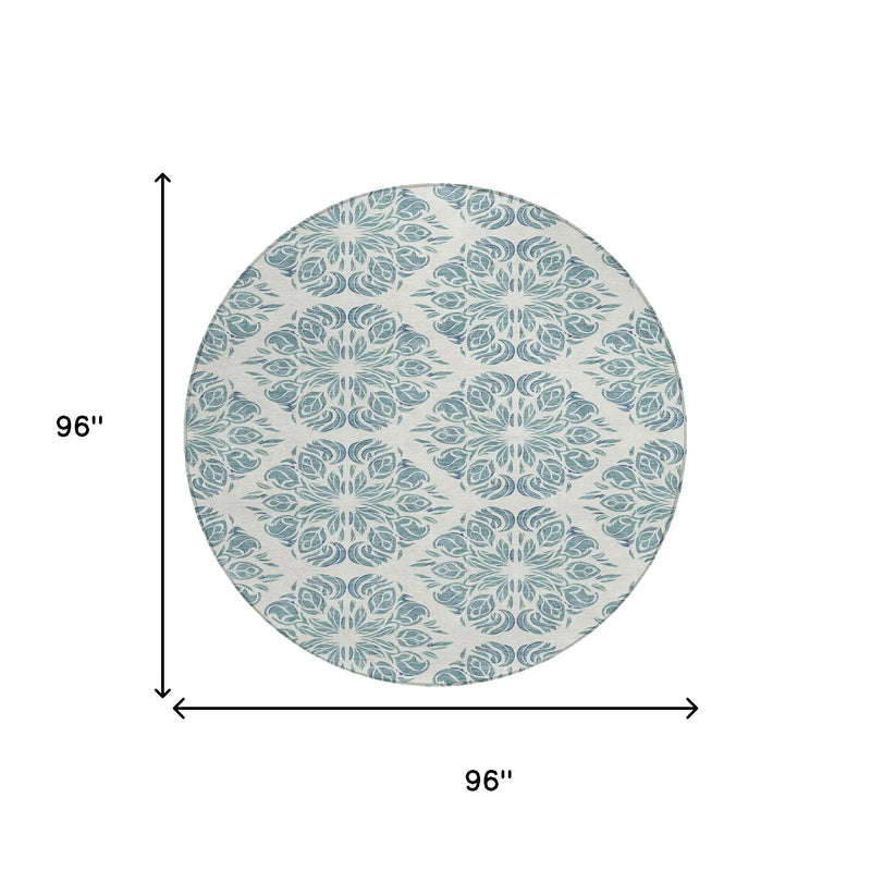 8' Teal Blue And Ivory Round Damask Washable Indoor Outdoor Area Rug Homeroots Outdoor