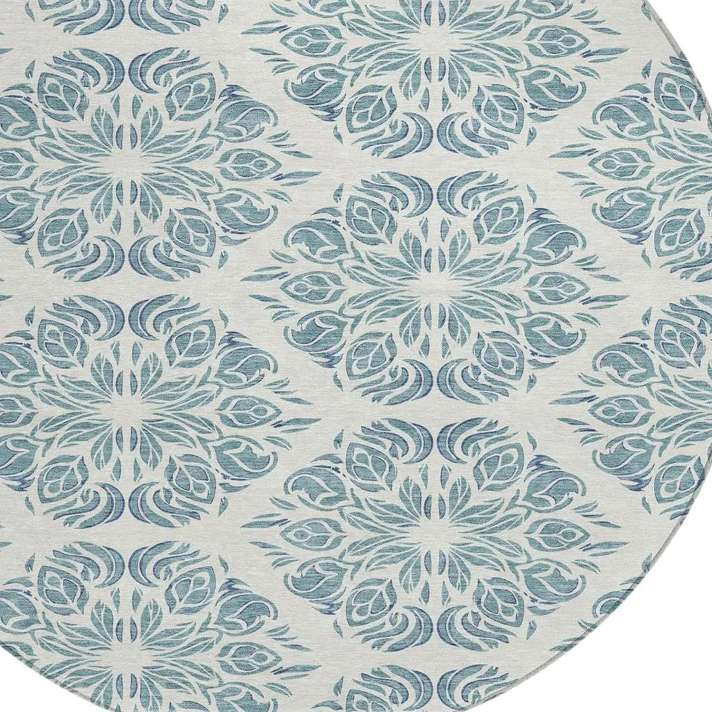 8' Teal Blue And Ivory Round Damask Washable Indoor Outdoor Area Rug Homeroots Outdoor