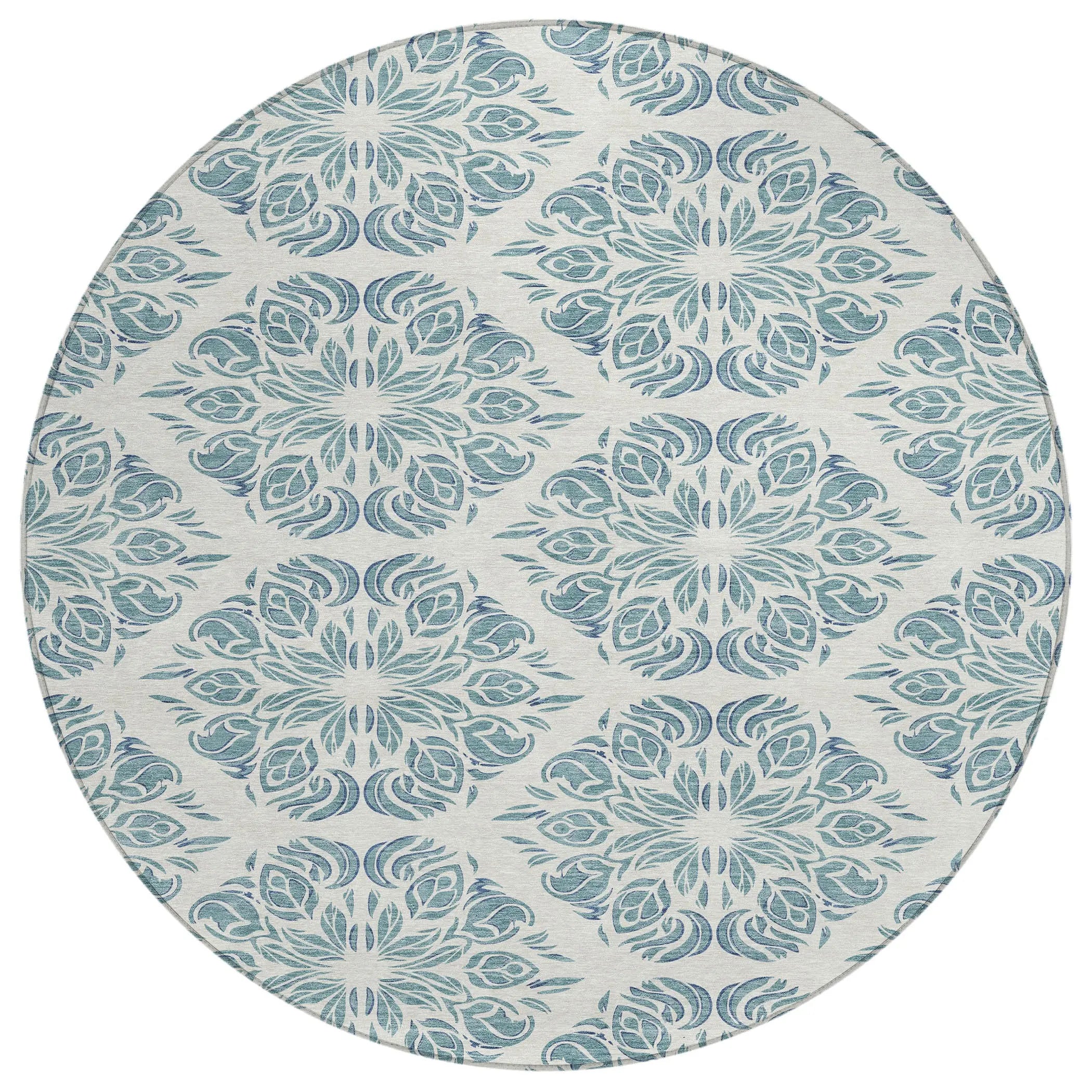 8' Teal Blue And Ivory Round Damask Washable Indoor Outdoor Area Rug Homeroots Outdoor