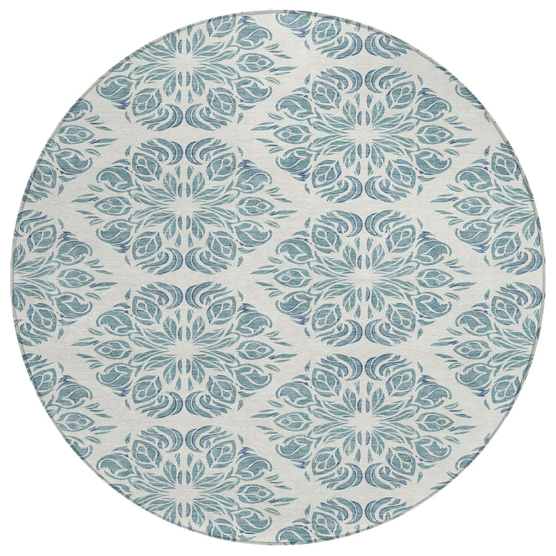 8' Teal Blue And Ivory Round Damask Washable Indoor Outdoor Area Rug Homeroots Outdoor