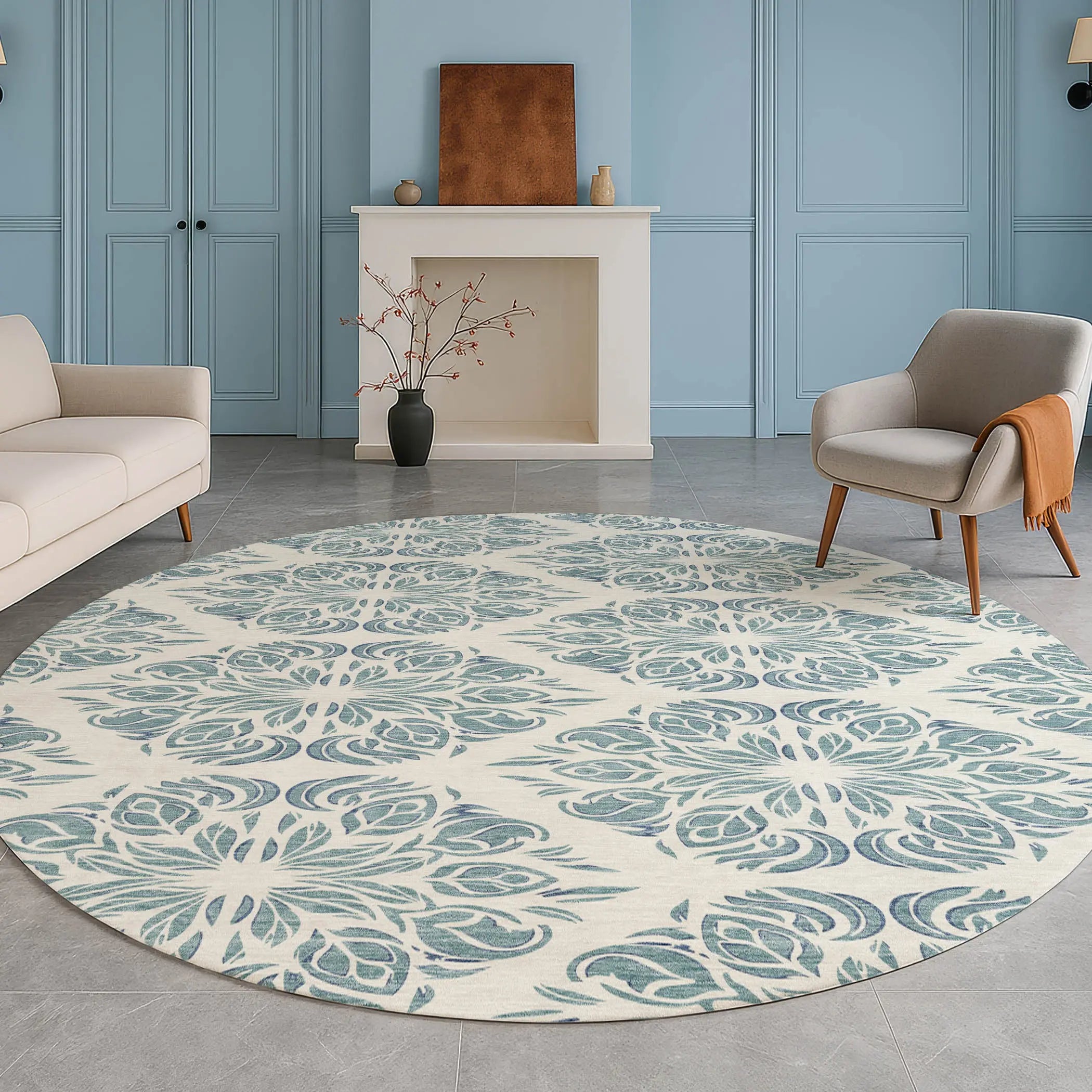 8' Teal Blue And Ivory Round Damask Washable Indoor Outdoor Area Rug Homeroots Outdoor
