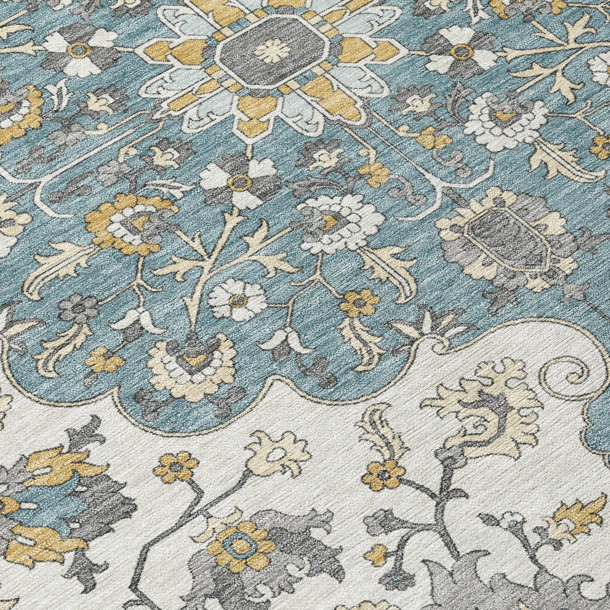 8' Teal Blue And Ivory Round Floral Medallion Washable Indoor Outdoor Area Rug Homeroots Outdoor