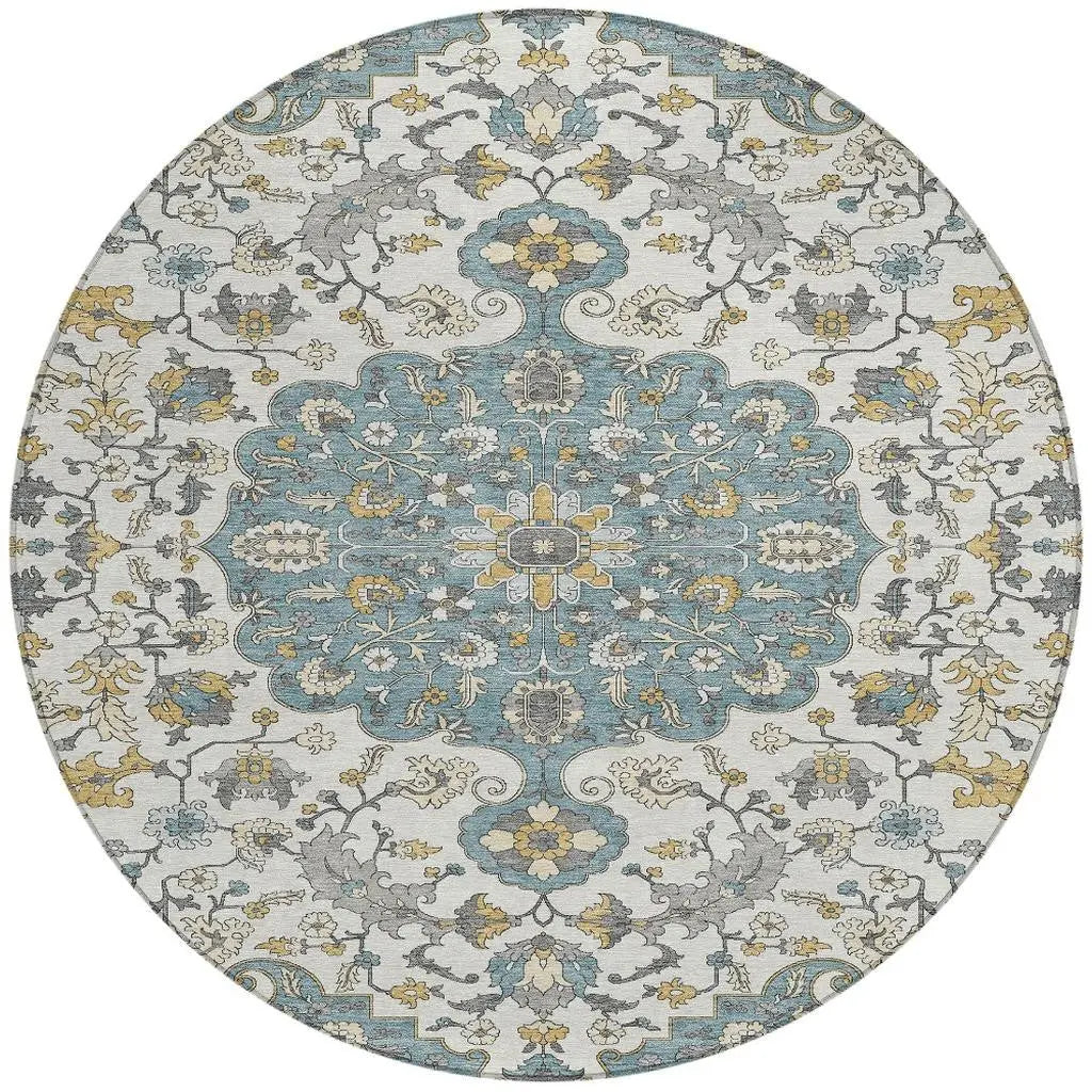 8' Teal Blue And Ivory Round Floral Medallion Washable Indoor Outdoor Area Rug Homeroots Outdoor