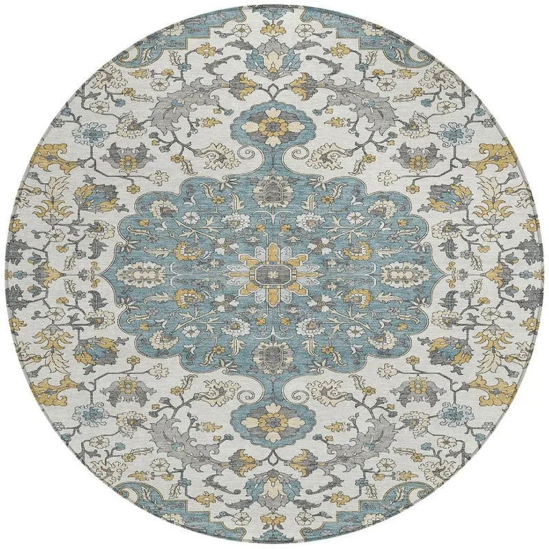 8' Teal Blue And Ivory Round Floral Medallion Washable Indoor Outdoor Area Rug Homeroots Outdoor
