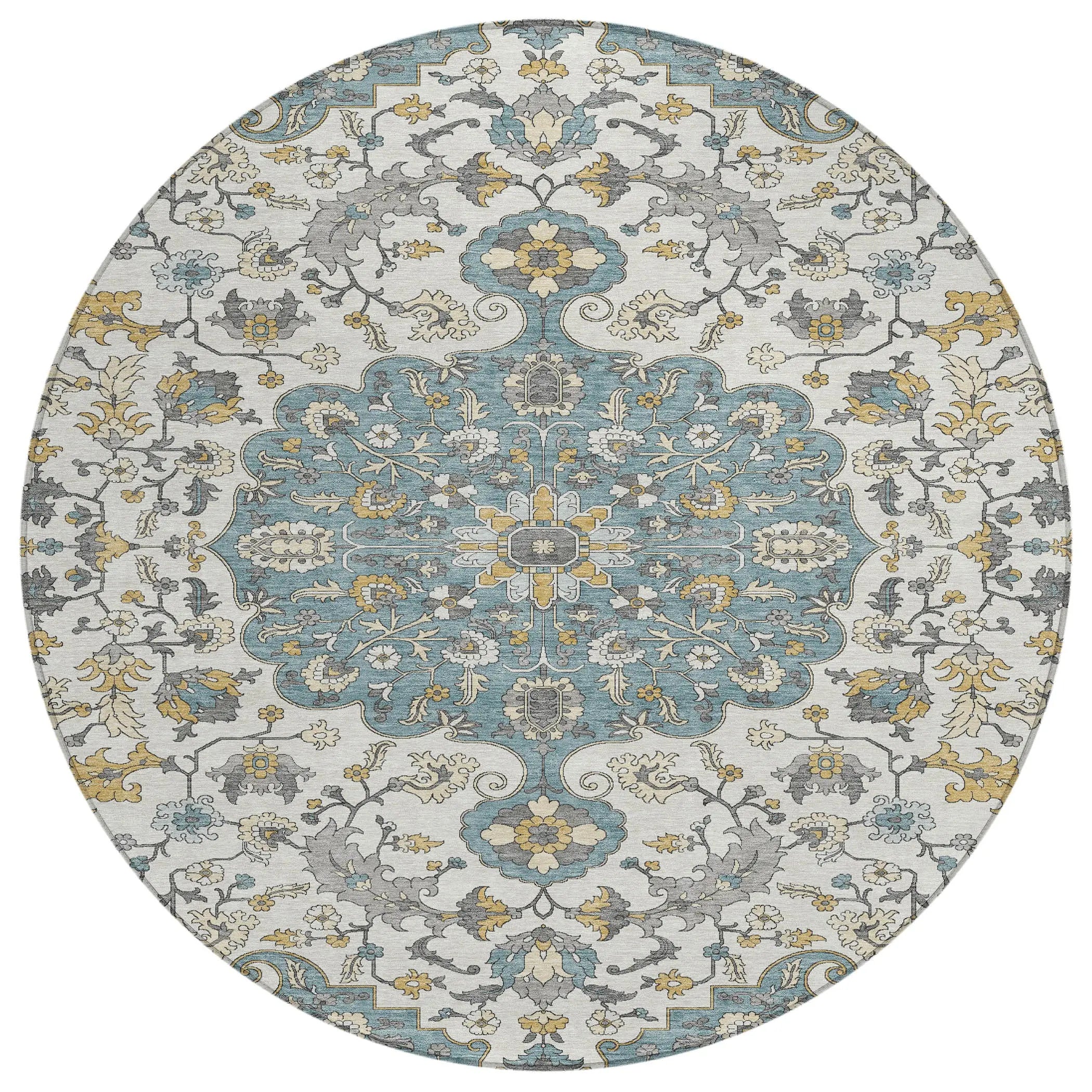 8' Teal Blue And Ivory Round Floral Medallion Washable Indoor Outdoor Area Rug Homeroots Outdoor