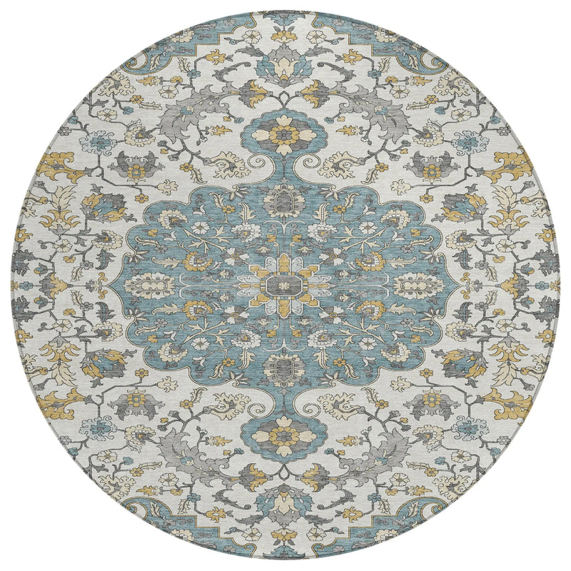 8' Teal Blue And Ivory Round Floral Medallion Washable Indoor Outdoor Area Rug Homeroots Outdoor