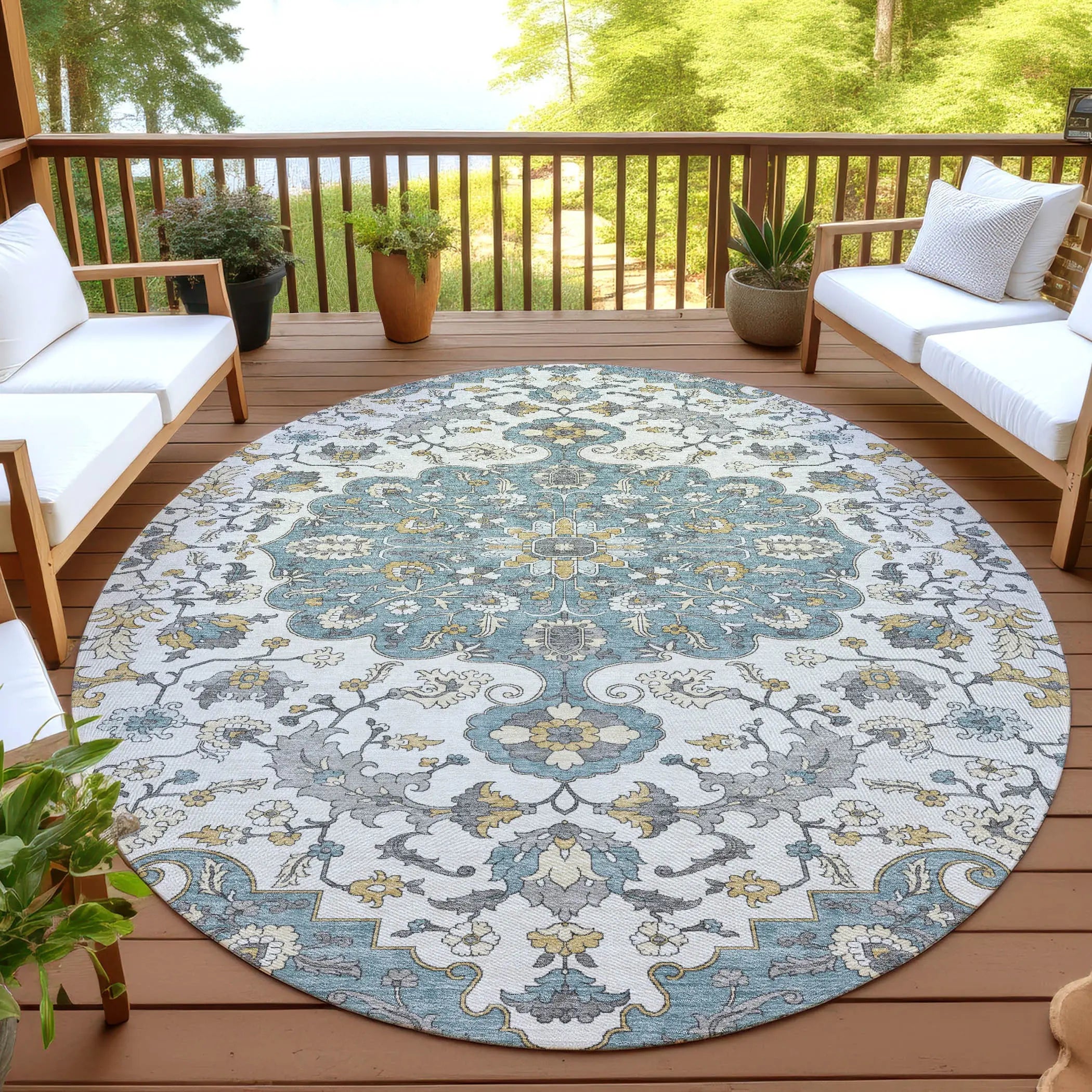 8' Teal Blue And Ivory Round Floral Medallion Washable Indoor Outdoor Area Rug Homeroots Outdoor