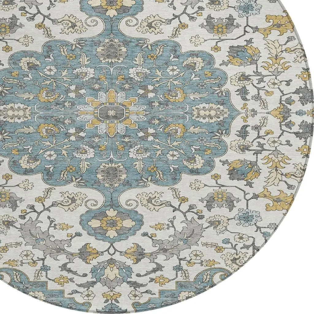 8' Teal Blue And Ivory Round Floral Medallion Washable Indoor Outdoor Area Rug Homeroots Outdoor