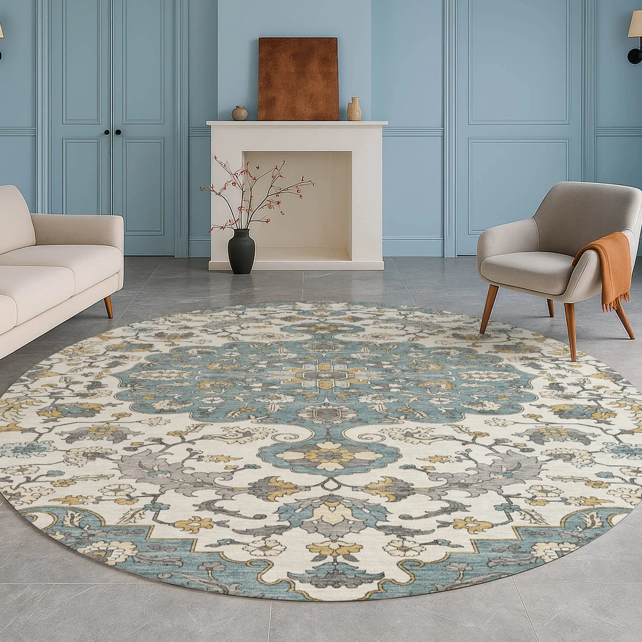 8' Teal Blue And Ivory Round Floral Medallion Washable Indoor Outdoor Area Rug Homeroots Outdoor