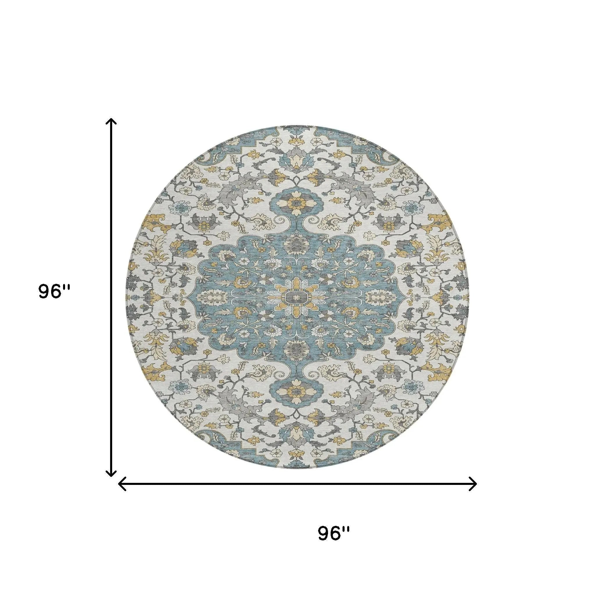 8' Teal Blue And Ivory Round Floral Medallion Washable Indoor Outdoor Area Rug Homeroots Outdoor