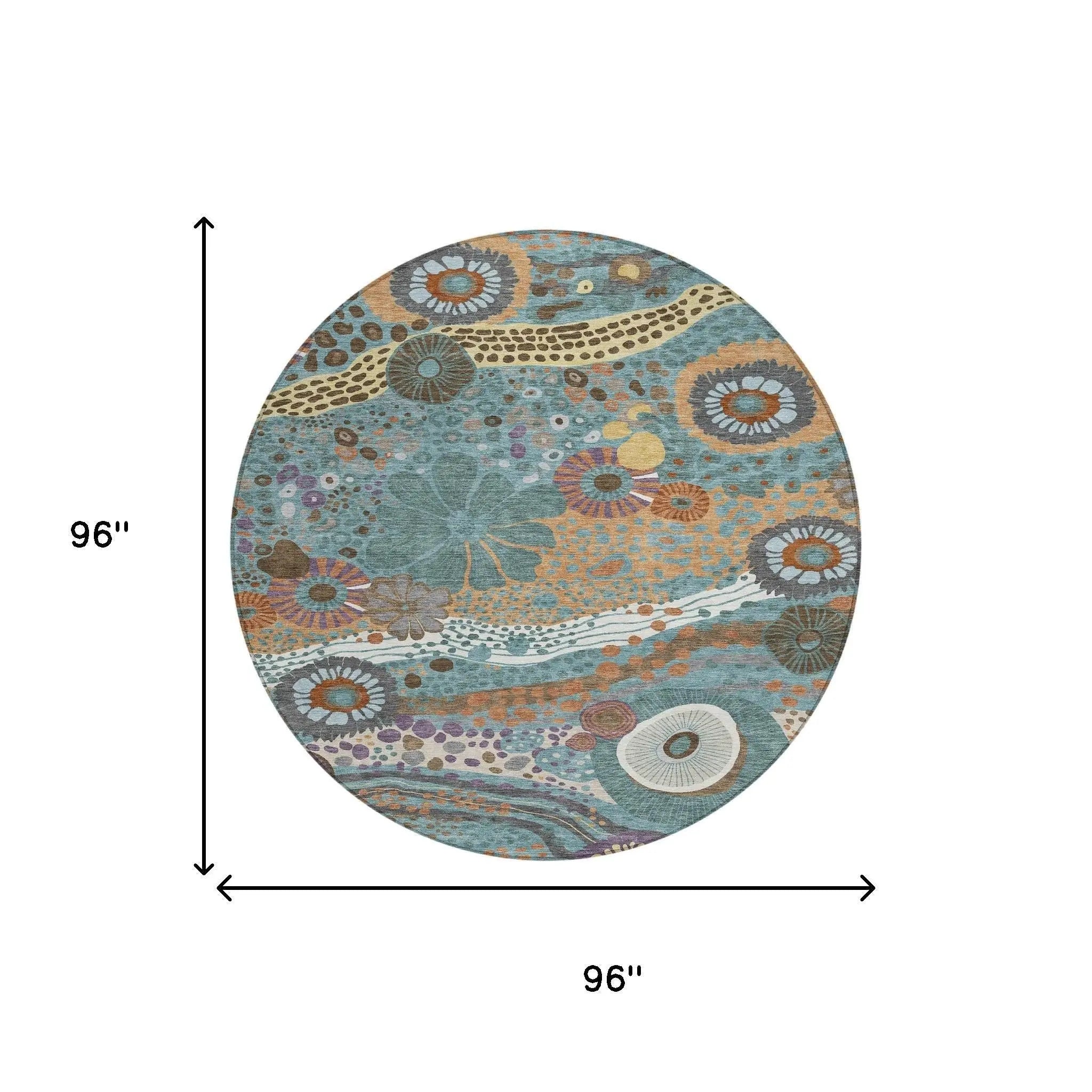 8' Teal Blue And Ivory Round Floral Washable Indoor Outdoor Area Rug Homeroots Outdoor
