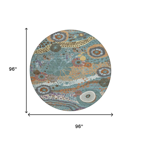 8' Teal Blue And Ivory Round Floral Washable Indoor Outdoor Area Rug Homeroots Outdoor